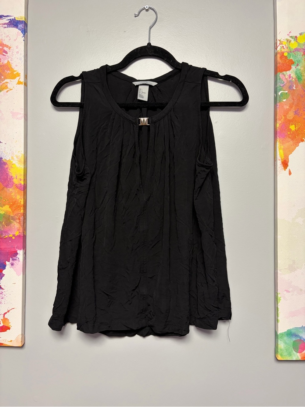 H&M Black Sleeveless Tank with Front Pleats and Metal Accent